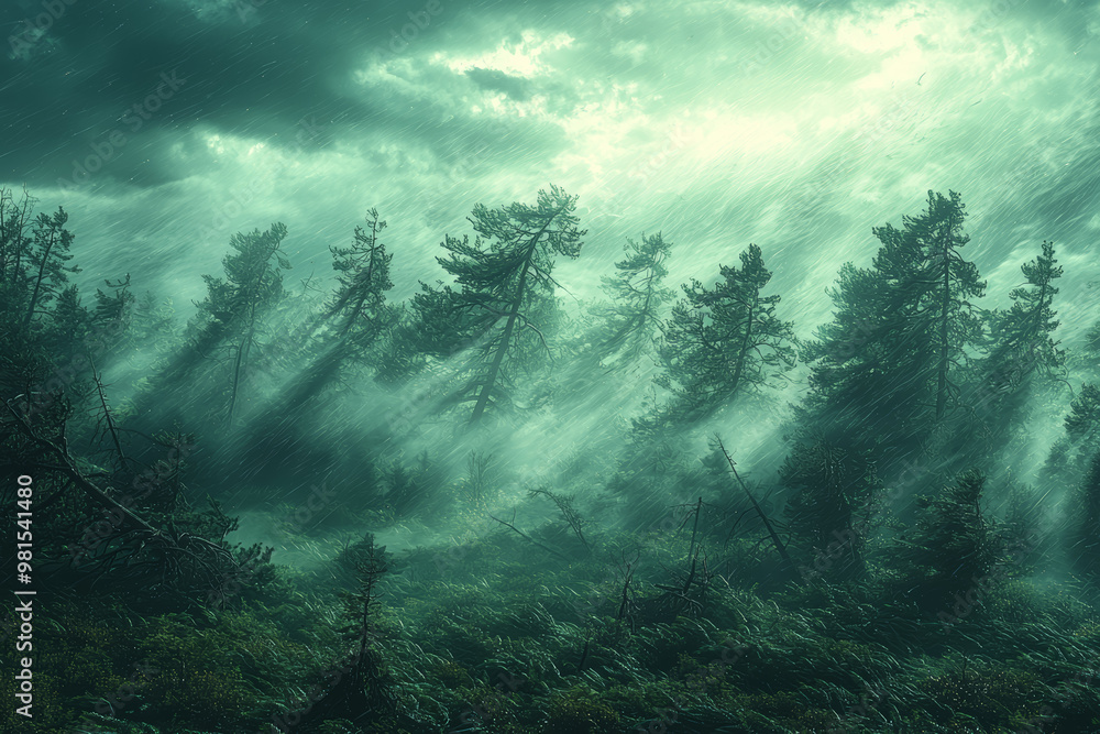 Aufkleber a windstorm uprooting trees in a densely forested area. concept of extreme weather patterns due to c