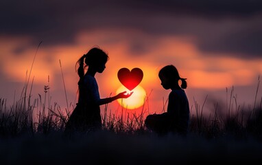 A silhouette of a girl holding a heart symbol while another figure kneels in sadness during a serene sunset