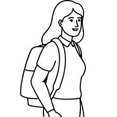 A woman is walking with a backpack on. She is smiling and she is happy. Concept of positivity and adventure, as the woman is likely on her way to school or work