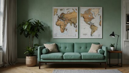 Scandinavian living room with mint sofa, map poster, and plants.