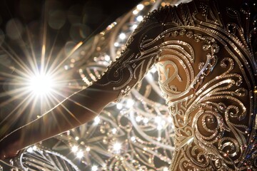 Detailed view of a green field with prominent yellow lines running through it, The intricate pattern of a gymnast's sequined leotard catching the light as they perform