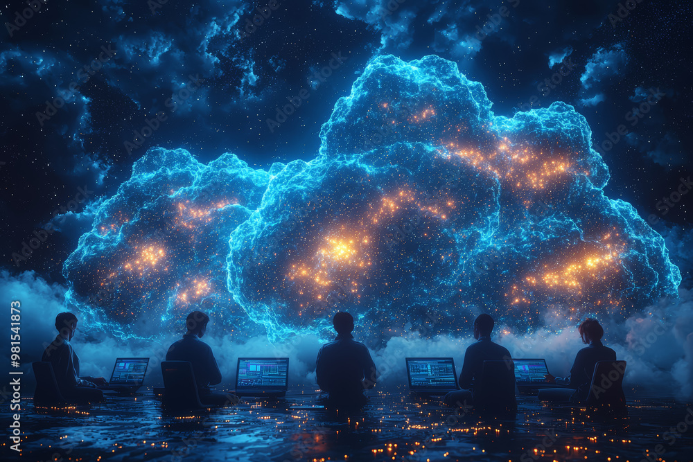 Poster a team of researchers analyzing big data sets in a cloud computing environment. concept of data-driv