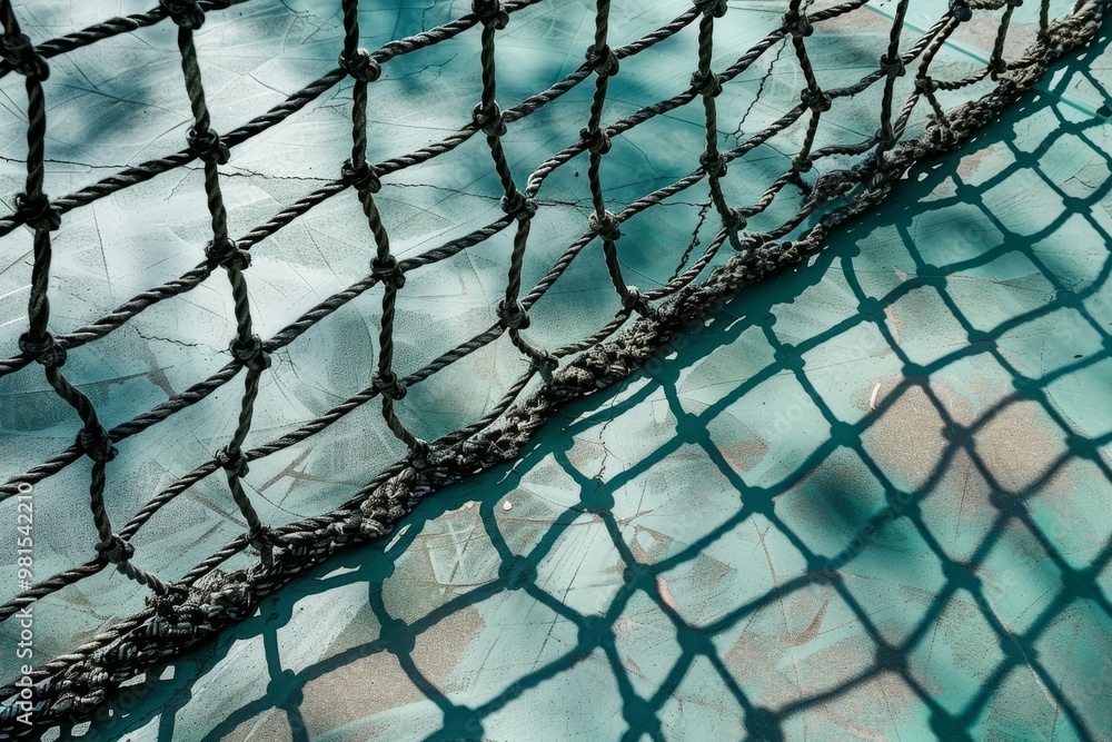 Poster a man steadily ascending the steep side of a mountain, the intricate patterns of the net casting sha