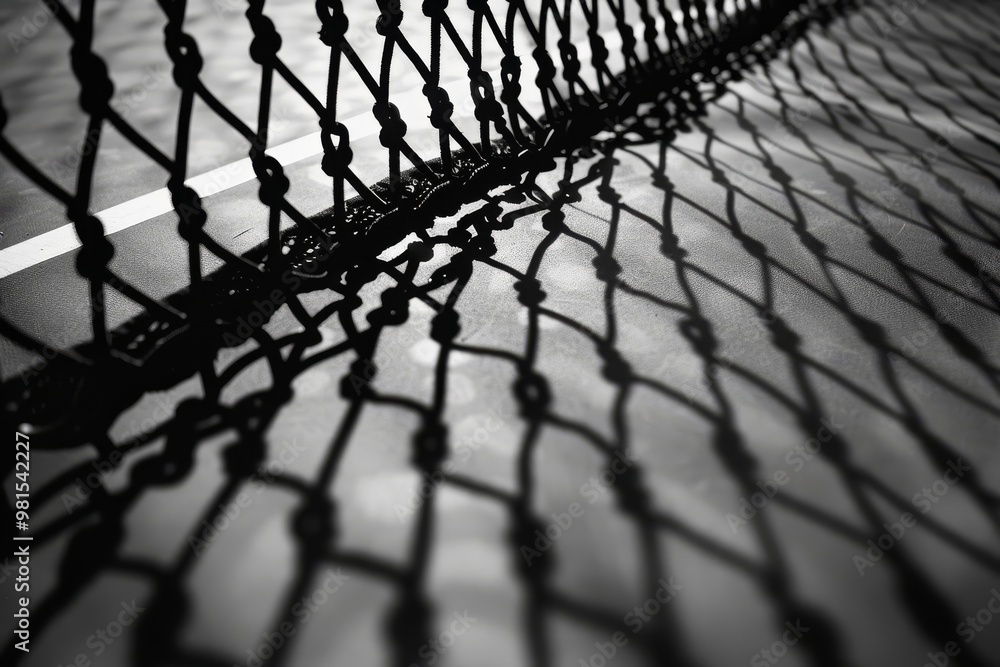 Poster a black and white fence with intricate patterns casting shadows, the intricate patterns of the net c