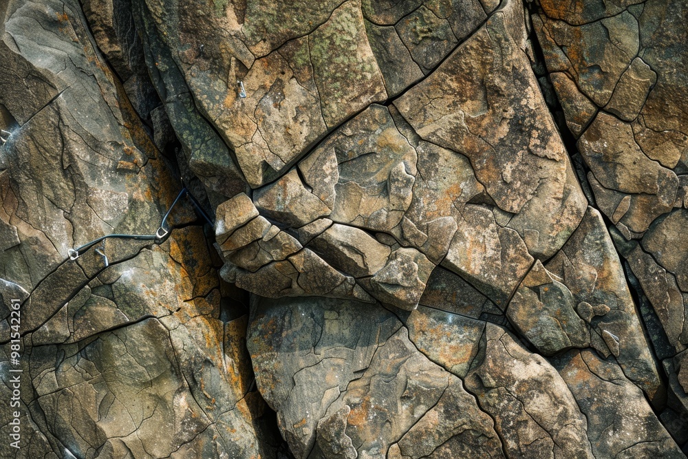Poster man climbing up mountain face, the intricate patterns of the rocks surface are highlighted by the cl