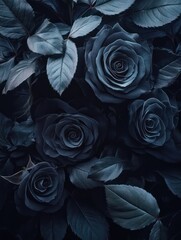 Black roses and leaves cluster together, enveloped in mystery and accentuated by subtle lighting, exuding an aura of elegance and intrigue.