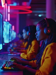 Obraz premium Black women in bright clothes play e-sports in a futuristic cyber cafe illuminated by neon lights, showing focus and immersion in their gameplay.