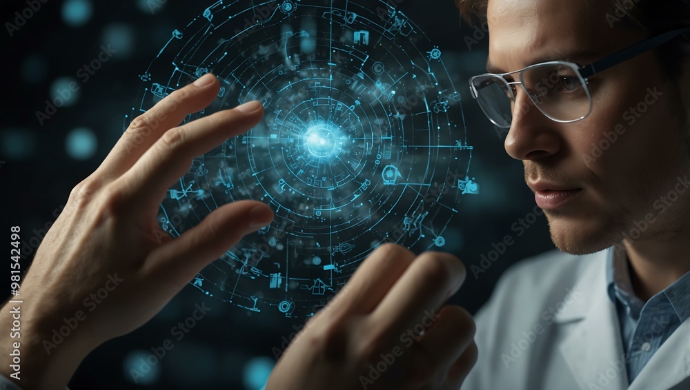 Poster scientist analyzing data on a futuristic interface.