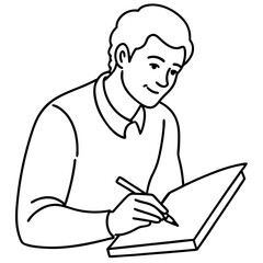 A man is writing in a book. He is smiling and he is enjoying himself. The book is open to a page with a blank space for writing. The man's posture suggests that he is focused on his writing