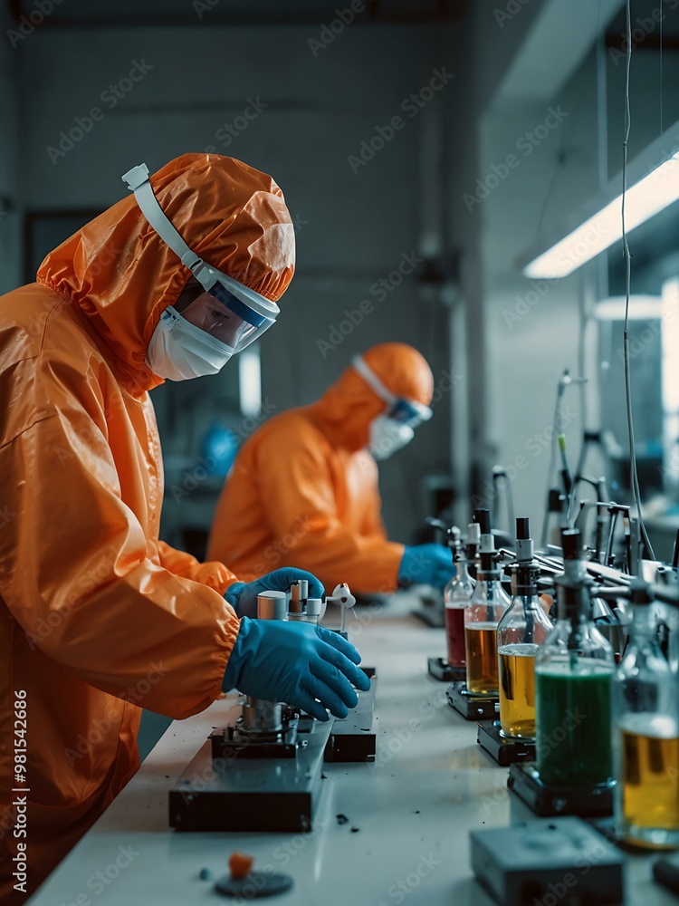 Poster scientists in protective suits conducting experiments in a high-tech lab.