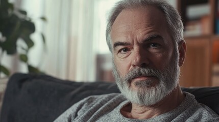 Fototapeta premium Bearded Gentleman with Graying Hair, Contemplating Indoors