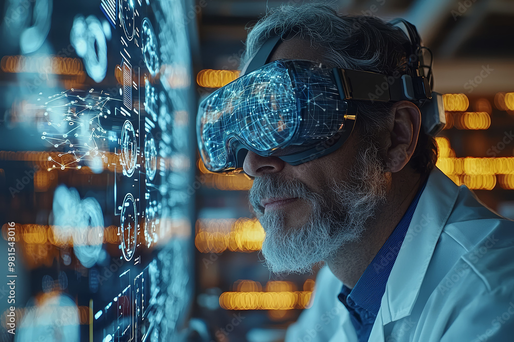 Poster a researcher using virtual reality to simulate complex chemical reactions. concept of advanced compu