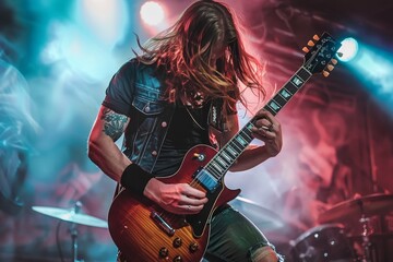 A man energetically plays a guitar on a stage, showcasing his musical talent and stage presence, The lead guitarist shreds on his instrument, captivating the crowd with his skill