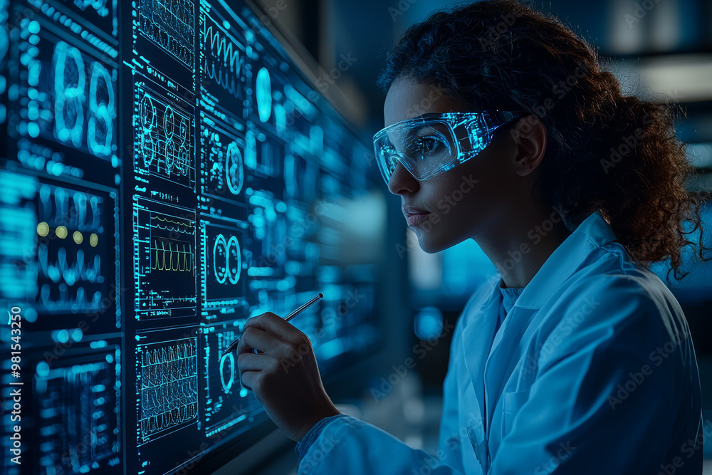 Poster a researcher developing ai-driven diagnostic tools in a medical tech lab. concept of integrating ai 