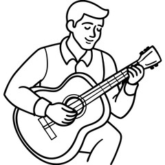 A man is playing a guitar. He is smiling and he is enjoying himself. Concept of happiness and relaxation, as the man is engaged in a leisurely activity