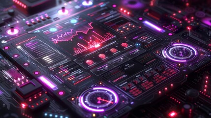 Futuristic Technology Interface with Glowing Charts, Gauges, and Data Visualizations.