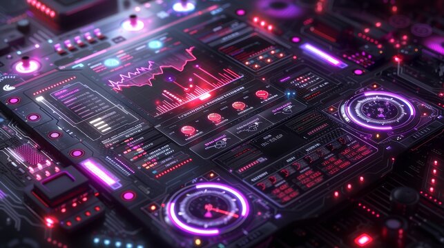 Futuristic Technology Interface with Glowing Charts, Gauges, and Data Visualizations.