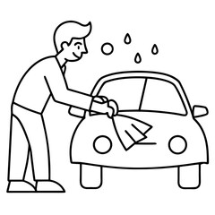 A man is washing a car. He is smiling and seems to be enjoying the task. The car is wet and shiny after being washed