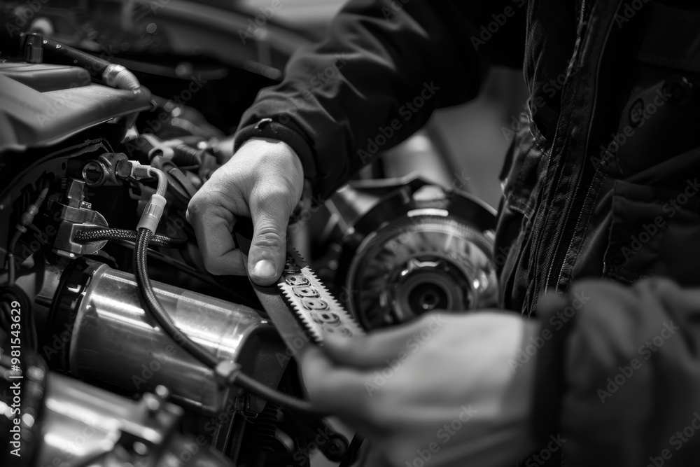 Aufkleber a man working on a car, focusing on calibrating the timing belt in a garage, the mechanic calibratin