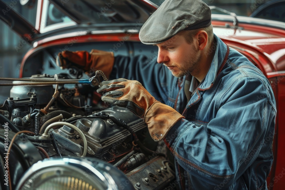 Poster a man focused on checking coolant levels in a car engine inside a garage, the mechanic checking the 