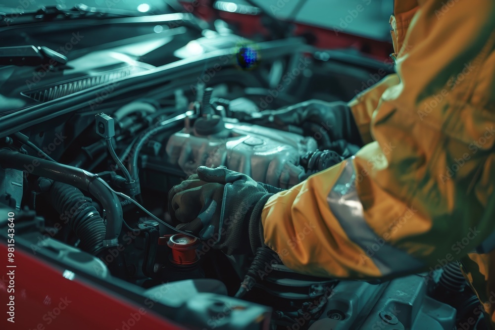 Poster a mechanic is checking the coolant levels in the engine of a car, the mechanic checking the coolant 