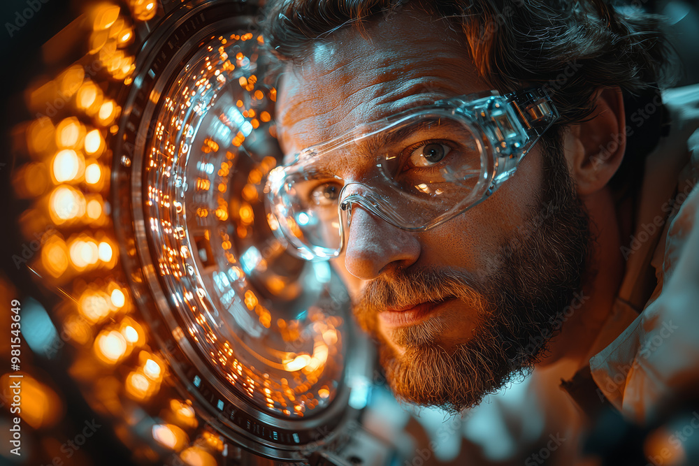 Poster a physicist experimenting with particle accelerators. concept of exploring fundamental physics in mo