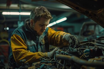 Obraz premium Close-up view of a person, a mechanic, working on a car engine, specifically inspecting the coolant levels, The mechanic checking the coolant levels in the engine