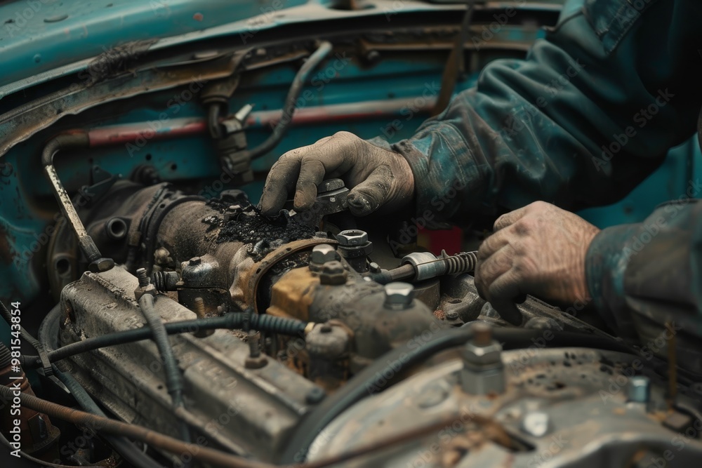 Poster a man is focused on replacing a worn-out gasket in a car engine inside a bustling garage, the mechan