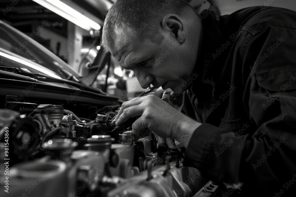 Poster a man in blue overalls is working on an engine inside a car, replacing a worn-out gasket, the mechan