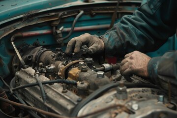A man is focused on replacing a worn-out gasket in a car engine inside a bustling garage, The mechanic replacing a worn-out gasket in the engine