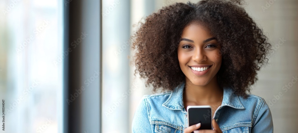 Sticker Smiling woman using smartphone