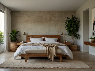 Serene bedroom with natural decor and indoor plants.