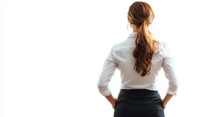 A woman with long red hair is standing in front of a white background