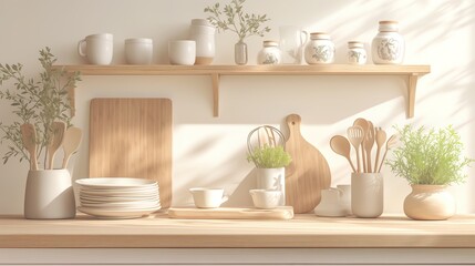 Kitchen utensils, ceramic jars and other items on a counter and a shelf.