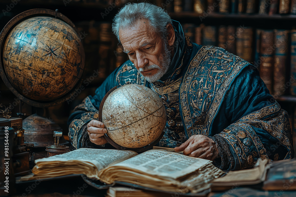 Poster a medieval scholar studying astronomy with ancient texts and instruments. concept of medieval scienc