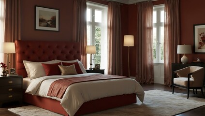 Serene luxury bedroom design in soft red tones.