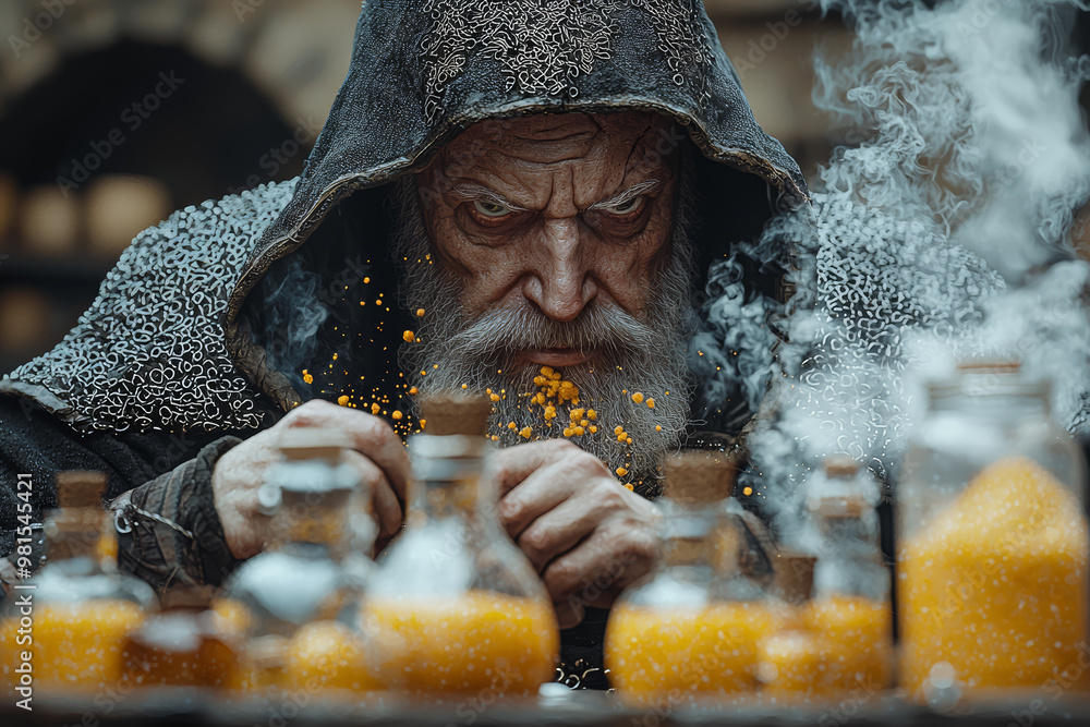 Poster a medieval alchemist experimenting with mysterious substances. concept of early science and the ques