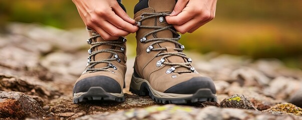 Fototapeta premium Detailed view of hands lacing up rugged hiking boots with quick-release system, hiking trail gear, fast and secure footwear