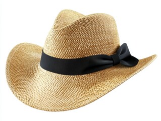 Stylish straw hat featuring a wide brim and black ribbon, perfect for summer fashion and outdoor activities, white background
