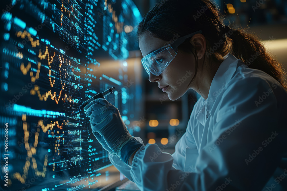 Poster a lab technician operating a gene-editing machine with precision tools. concept of genetic modificat