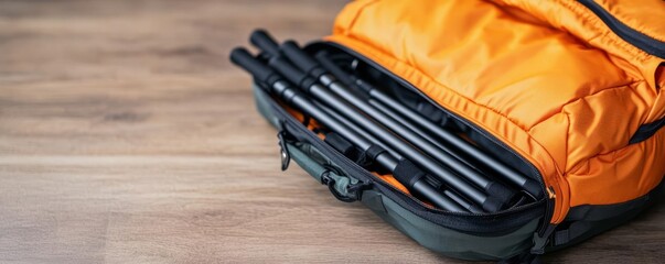 Foldable trekking poles being packed into a compact carrying case, hiking trail gear, efficient packing solutions