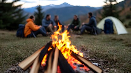 Group of friends around a campfire, gear in view, sharing stories, hiking trail gear, community in nature