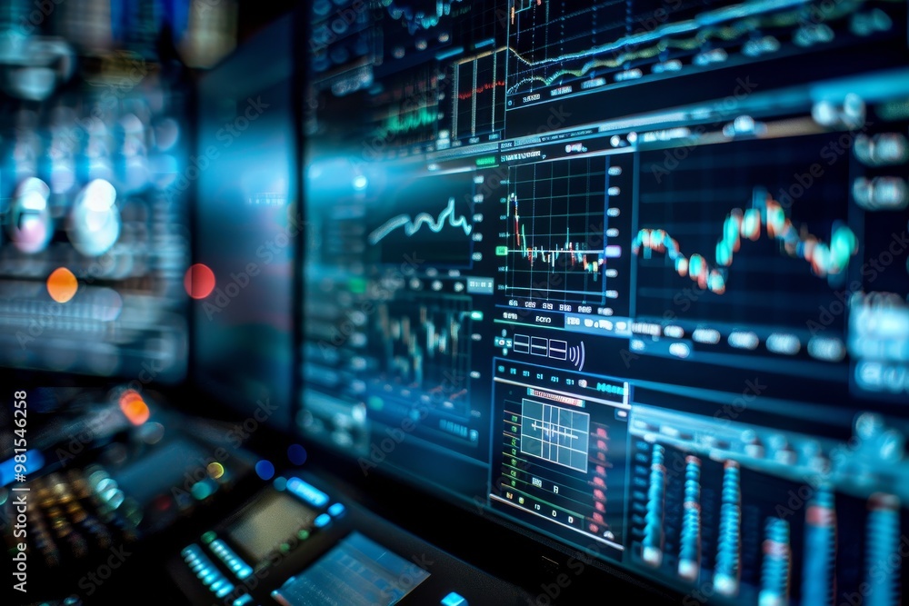Poster close-up of multiple computer monitors displaying real-time data graphs in a dark room, the precisio