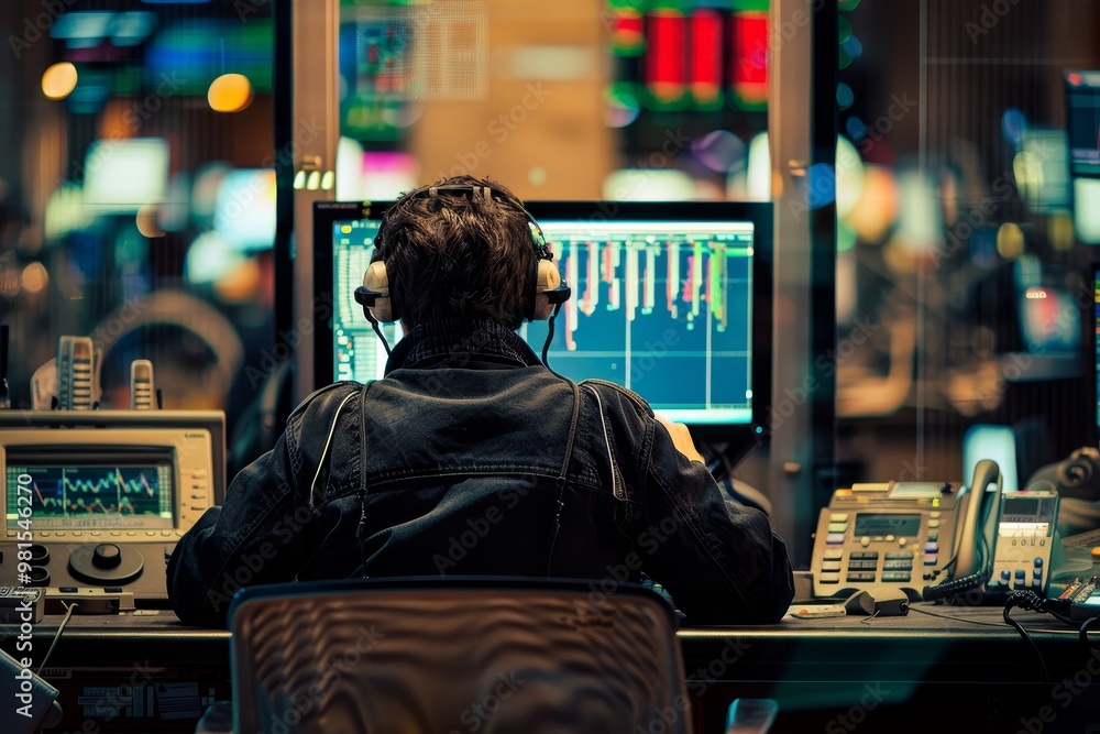 Aufkleber a trader works at his computer late at night, analyzing stock charts and data, in a busy financial c