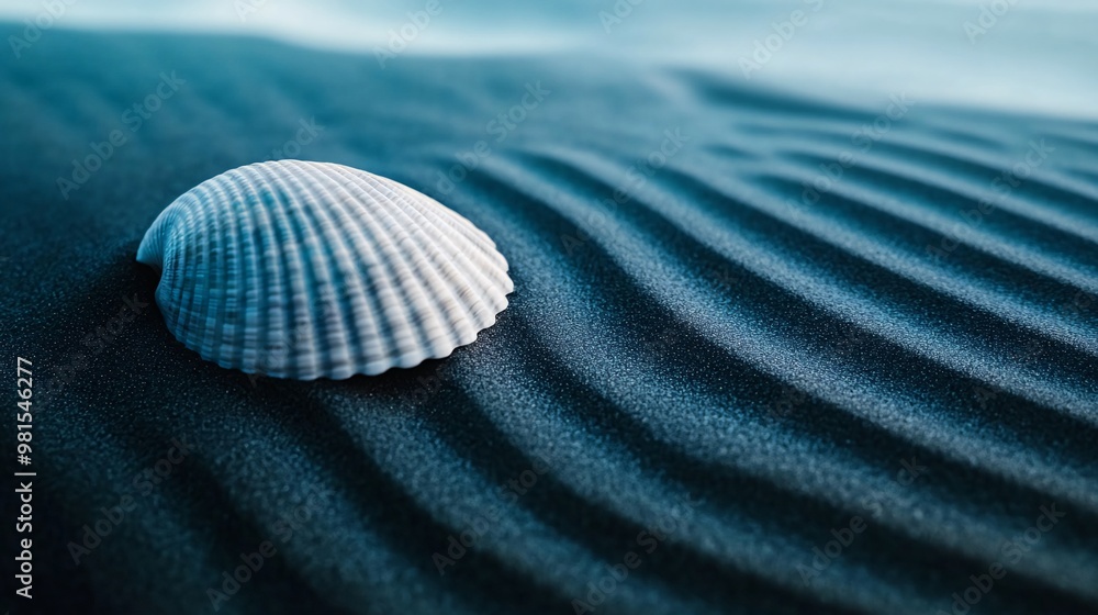 Poster a single seashell rests on rippled sand, creating a simple and elegant composition.