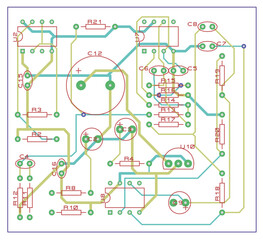 Vector printed circuit board of electronic 
device with components of radio elements, 
conductors and contact pads placed on pcb. 
Engineering drawing. Electric background.
Computer technic cad design