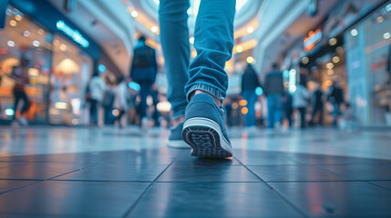 Fototapeta premium Generative AI. close up of man's foot walking on street, sneakers and jeans, background is busy shopping mall, depth of field,