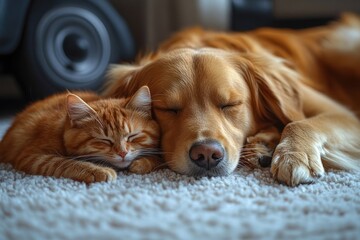 Golden Retriever and Cat Napping