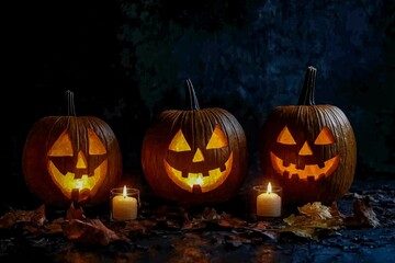 Obraz premium Festively Carved Pumpkins With Glowing Candles Surrounded by Autumn Leaves During Halloween Night