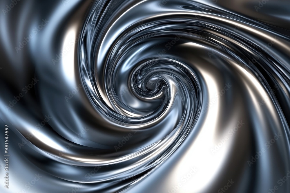 Poster three-dimensional chrome twirl pattern: shiny metallic shapes on deep background. retro wavy pattern